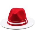 Classic two-tone patchwork wool felt fedora hat in vibrant red and white with ribbon trim - Red Patchwork White (07)