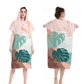 Quick-dry hooded beach poncho with tropical leaf print and functional zipper closure - One Size / Button Style - Pink Leaf
