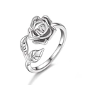 Elegant silver rose flower open ring with detailed camellia design for women - Silver Rose Style (6969)