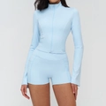 Light blue seamless yoga set with stand-collar zipper jacket and high-waist shorts - S / Top And Bottom / Jacket + Shorts / Water Blue