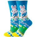 Blue Easter crew socks featuring cute white bunny and colorful egg patterns - Size 35-42 / Easter Bunny