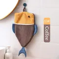 Brown fish-shaped coral fleece hand towel with hanging loop for kitchen and bathroom - I Am Fish / Dark Coffee