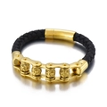 Pulsera punk de cuero para hombre con cadena de calavera dorada y cierre imán - Color Dorado (KB150314-KFC)