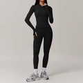 Women's black zip-up sports set including hooded sweatshirt and high-waist leggings - S / Top And Bottom / Premium Black