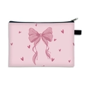 Pink cosmetic bag with cartoon bow and heart patterns featuring a black zipper closure - 06-Pink Bow Heart