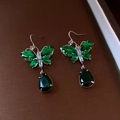 Silver drop earrings with green butterfly design and teardrop crystal pendant - 41# Ear Hook-Green-Bowknot