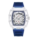 Tonneau transparent watch with blue rubber strap and visible silver inner movement - Transparent Blue Dial - Blue Strap