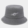 Detail of stone washed gray bucket hat with white embroidery and metal eyelets - One Size / Gray