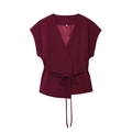 Women's burgundy sleeveless V-neck top with waist tie design in minimalist summer style - Dark Red Top
