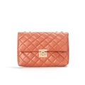 Brown quilted crossbody bag with gold turn-lock and chain strap on white background - Brown