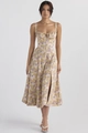 Detail of high-slit yellow floral summer dress with delicate waist cut and print texture - S / Top And Bottom / Yellow with Purple and White Floral