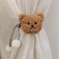Brown plush teddy bear curtain tieback with gray rope and white pearl bead accents - Grey Rope Coffee Bear
