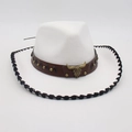 White western cowboy felt hat with black braided brim and bull head leather band - One Size(56-58cm) / White Black Edge (Gold Bull)