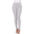 Close-up of light grey high-waisted skinny jeans with metal button detail and denim texture - Light Gray