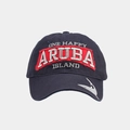 Detalle de gorra de golf en algodón azul marino con bordado Aruba y tiburón gris mate - Ajustable / Azul marino