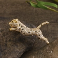 Vintage golden leaping tiger brooch with sparkling white and black crystals - Jumping Leopard Zircon TXZ128-2