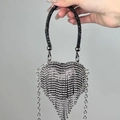 Luxury heart-shaped evening bag with silver and black rhinestones and fringe - Black Heart Bag with Tassel