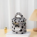 Borsa cosmetica in peluche leopardata grigia con cerniera arcobaleno e manico - Grigio