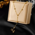 Minimalist gold Y-shaped stainless steel necklace with round crystal accents on silk - Gold Y-Shaped Tassel Style (N3107)