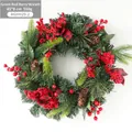 Ghirlanda natalizia da 45cm con aghi di pino, bacche rosse e fiocchi a scacchi - Ghirlanda da 45 cm