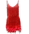 Rotes Partykleid mit Pailletten, Quasten, V-Ausschnitt, Trägern und Federbesatz am Saum - Rot / S