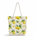 Canvas shoulder bag with bright lemon print and thick beige rope handles for summer beach use - Fresh Lemon Leaf Print (ms0644)
