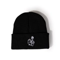 Detail of a black beanie featuring a unique skeleton drinking coffee embroidery - M (56-58cm) / Black