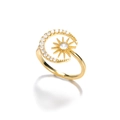 Detail of gold moon and star ring featuring sparkling cubic zirconia and intricate rays - Pave Crescent Starburst Style (G122955G-1)