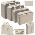 Beige 9-piece travel storage organizer set with mesh bags and pouches for clothes and shoes - Cosmetic Bag 9-Piece Set / Beige