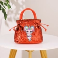 Kids red sequined handbag featuring cute cartoon doll design with drawstring closure - Red Cartoon Doll