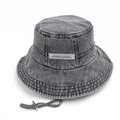 Retro Fischerhut aus gewaschenem Denim in Grau mit Kordelzug und breiter Krempe - M (56-58cm) / Dunkelgrau