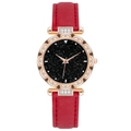 Detail of rose gold diamond bezel and red leather strap on women's starry watch - Wave Edge Starry Sky Watch / Red