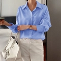 Chemise femme à rayures verticales bleues et blanches avec manches longues et poche - S / Bleu Denim