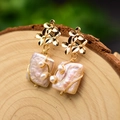 Baroque pearl earrings with golden floral design and 18k gold plating details - Three Flowers Pink Square Pearl Earrings
