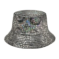 Macro detail of laser holographic bucket hat with silver crocodile texture and colorful reflection - Holographic Crocodile Pattern / Silver