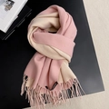 Pink and beige double-sided cashmere-feel scarf with fringe and brand label - 200*70cm / Pink + Beige