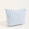 Blue and white checkered knitted cosmetic bag with a silver zipper for storage - Blue & White Plaid
