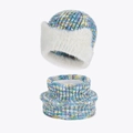 Winter knit hat and scarf set with fleece lining in multi-color blue and yellow blend - Yellow AB