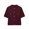 Detail of burgundy knit cardigan featuring gold embossed buttons and pocket accents - Dark Red