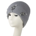 Grey ribbed knit beanie with sparkling leaf-shaped rhinestone patches for women - Light Gray
