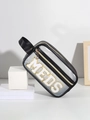 Detailansicht der PVC-Kosmetiktasche mit MEDS-Chenille-Patch und schwarzem Griff - Schwarze Tasche (MEDS)