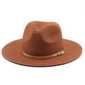 Close-up of brown woven straw hat featuring a thin gold leather band and metallic buckle - M (56-58cm) / Caramel