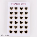 Set of 12 pairs of minimalist black heart stud earrings with gold trim on display card - Medium (11*10mm) / Black Shell