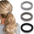 Three-piece set of beaded elastic hair ties in silver, gunmetal, and black crystal - 3-Piece Set A (Silver/Grey/Black)