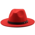Red wool felt wide brim fedora hat with black leather belt and silver metal studs - M (56-58cm) / Orange Red