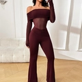 Tuta bordeaux con spalle scoperte, inserti in rete e maniche lunghe in stile svasato - S / Borgogna