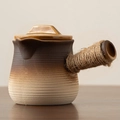 Brown gradient ceramic teapot with horizontal texture and hemp rope wrapped handle - 500ML Brown Jar Pot with Lid (Glazed Interior) / 16.9cmx12cm