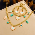 Goldenes Schmuckset mit Evil Eye Anhängern, Emaille Herzen und Türkisperlen - Halskette Armband Ohrringe (N3173 B1524 E6198)