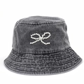 Washed grey denim bucket hat with pearl bow decoration in a front-facing studio view - Black / M(56-58cm)