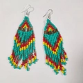 Bohemian multilayer seed bead fringe earrings in turquoise, yellow and red colors - Green Multi-color